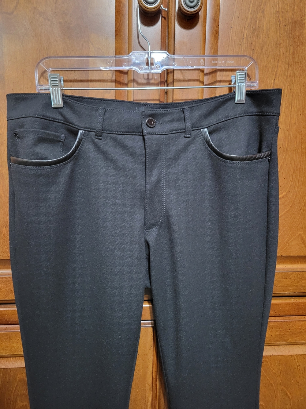 Classic Black Women's Ponte Pants with Faux-Leather Trim